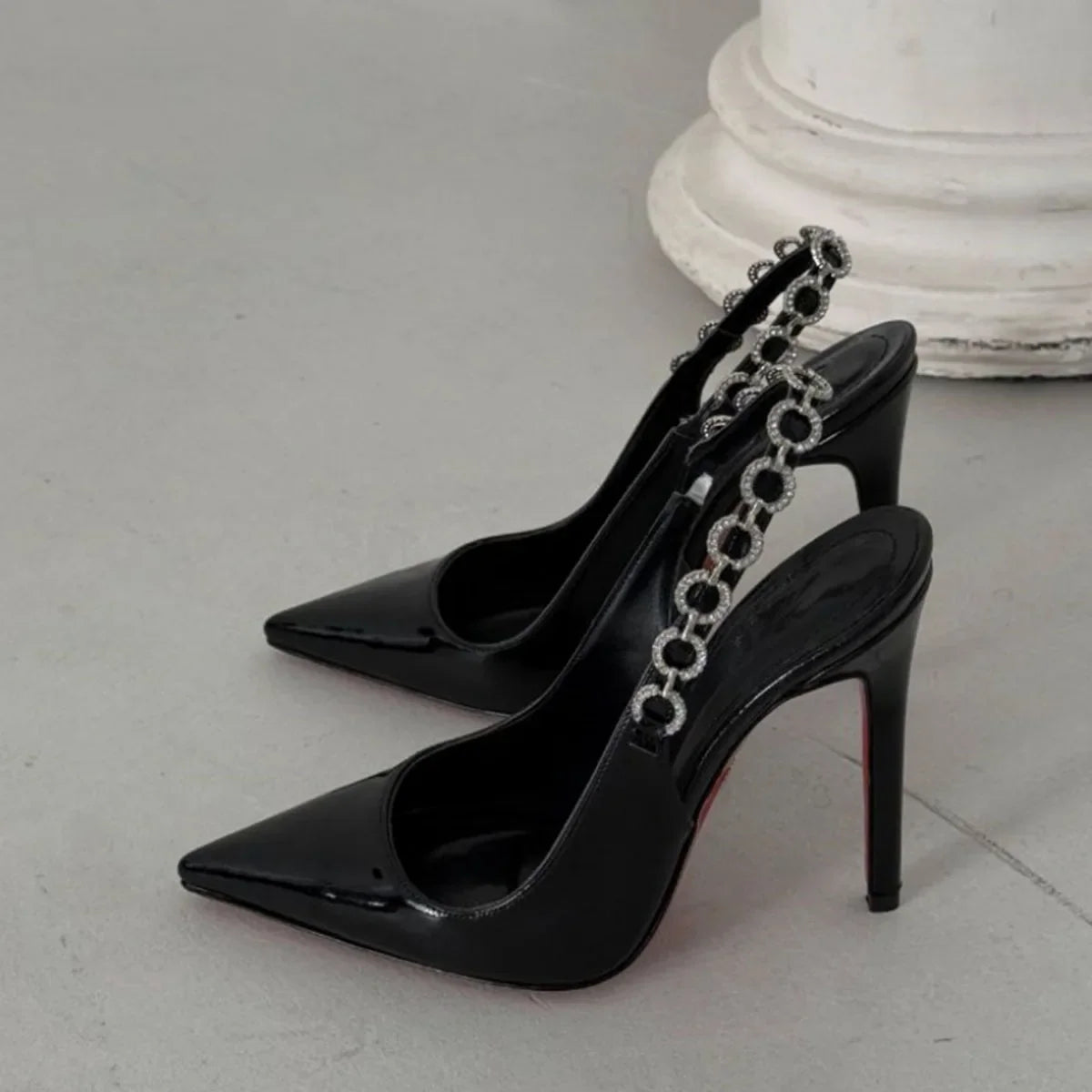 Arden Furtado Patent Leather Pointed-toe Super high heel Sling back shoes Diamond chain Modern Sandals Banquet shoes