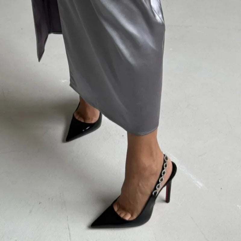 Arden Furtado Patent Leather Pointed-toe Super high heel Sling back shoes Diamond chain Modern Sandals Banquet shoes