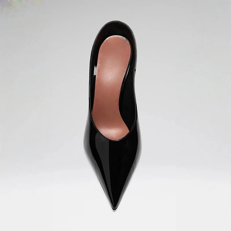 Arden Furtado Patent Leather Stiletto heel closed-toe Slippers Pointed toe pull-on Super high heel Mules Banquet shoes