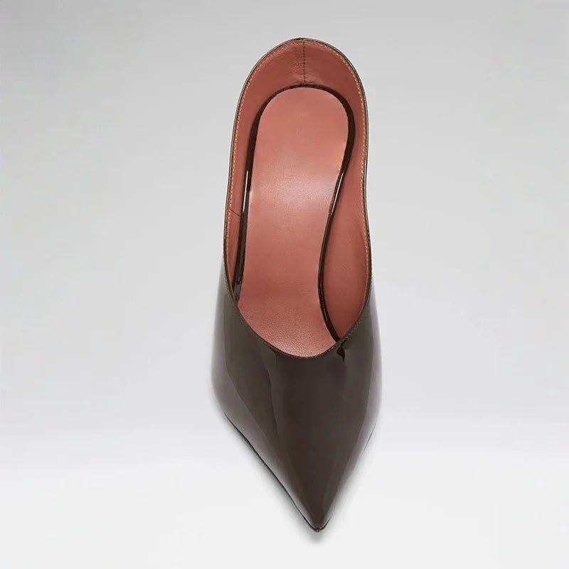 Arden Furtado Patent Leather Stiletto heel closed-toe Slippers Pointed toe pull-on Super high heel Mules Banquet shoes