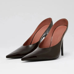 Arden Furtado Patent Leather Stiletto heel closed-toe Slippers Pointed toe pull-on Super high heel Mules Banquet shoes