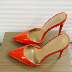 Arden Furtado Patent Leather Stilettos heels Shallow Mules Pointed toe Pull-on Super high heel Dinner shoes