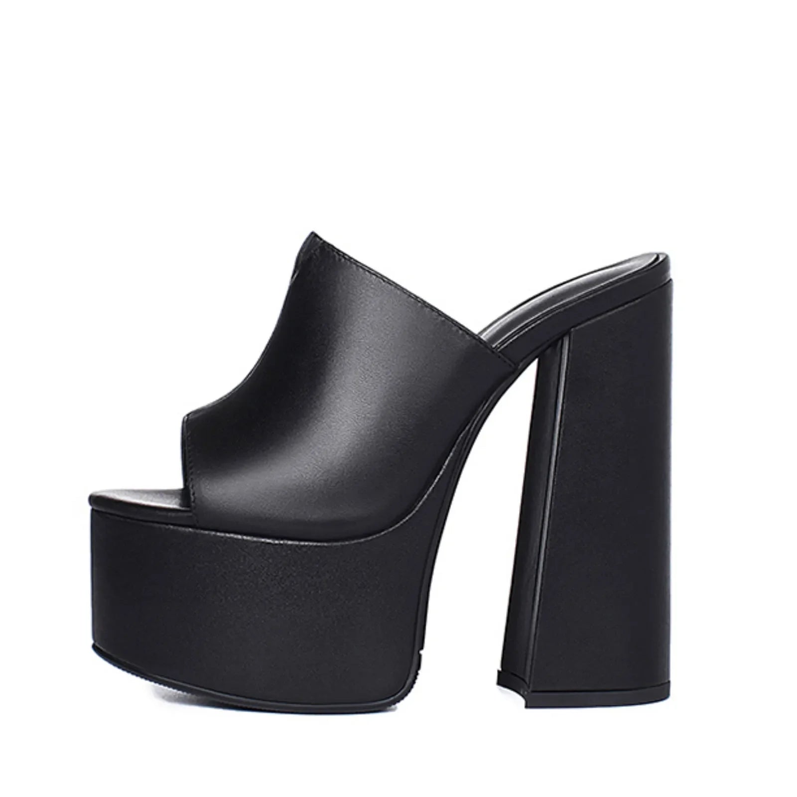 Arden Furtado Peep toe Platform Super high heel Word slippers Extra large size Black Round toe Pull-on Mules