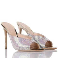 Arden Furtado Peep toe Slippers Pointed toe pull-on Super high heel Sexy Crystal Word slippers wear Mules