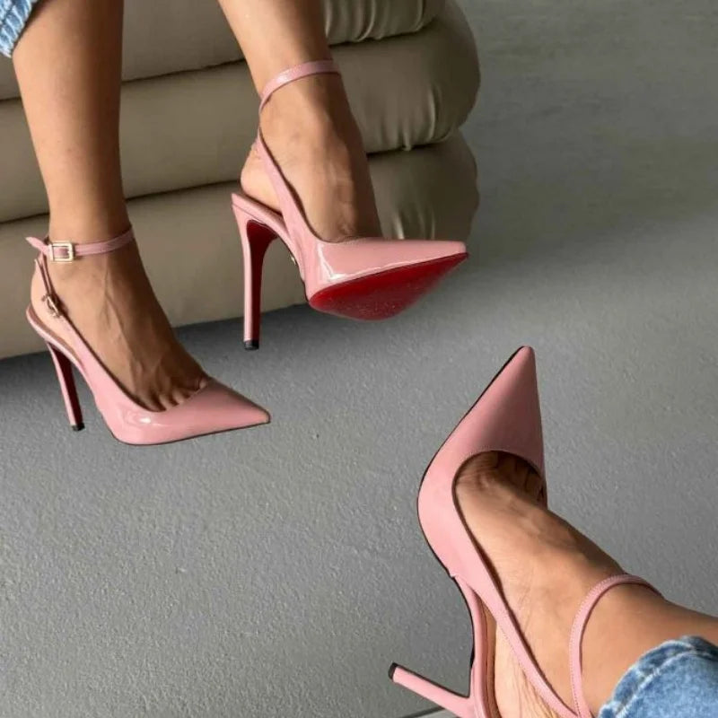 Arden Furtado Pink Patent Leather Ankle strap Sandals Pointed-toe Super high heel Belt buckle Banquet Modern Sandals