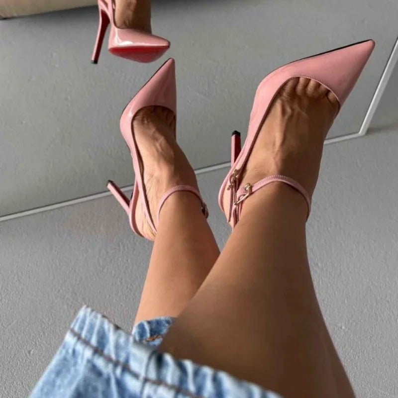 Arden Furtado Pink Patent Leather Ankle strap Sandals Pointed-toe Super high heel Belt buckle Banquet Modern Sandals