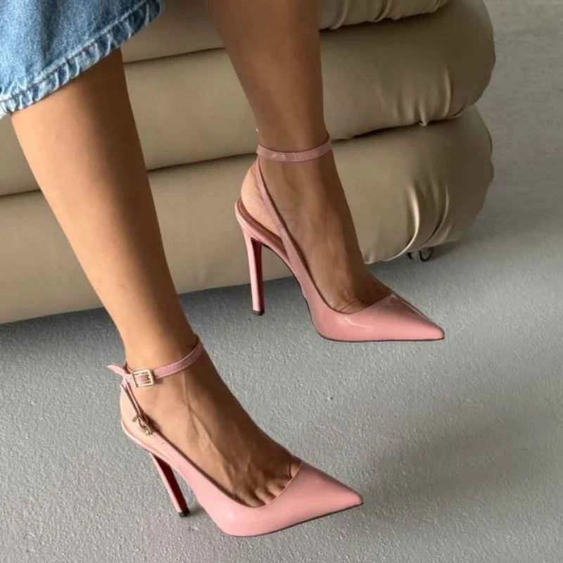 Arden Furtado Pink Patent Leather Ankle strap Sandals Pointed-toe Super high heel Belt buckle Banquet Modern Sandals