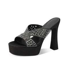 Arden Furtado Platform Silk Hollow Peep Toe Slipper Round Toe Super High Heel Crystal Dinner Word Slippers