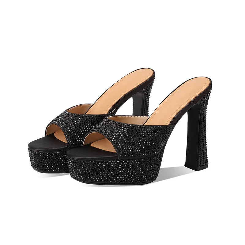 Arden Furtado Platform Silk Peep Toe Slippers Crystal Embellished Super High Heel round Toe Dinner Word Slippers Large Si