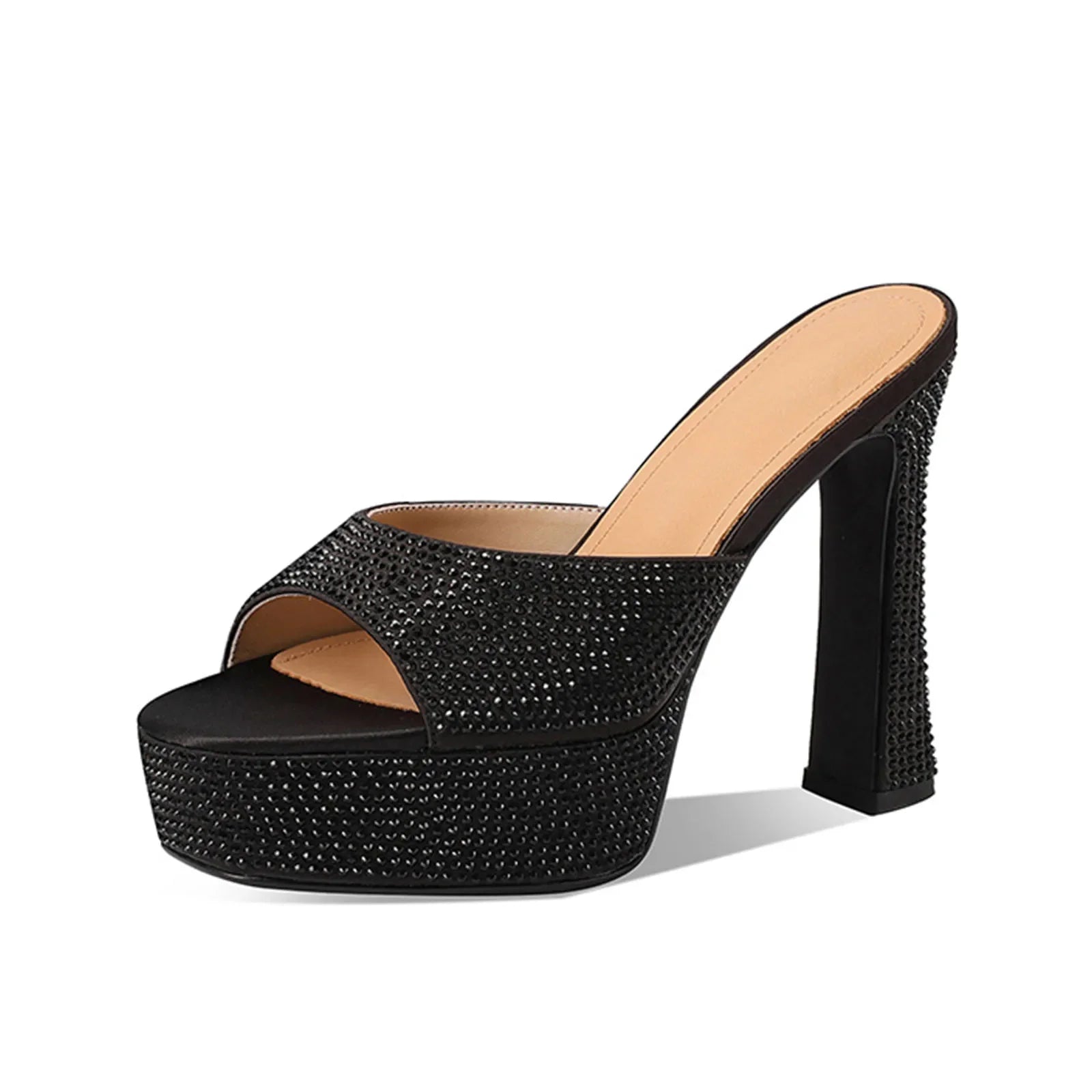 Arden Furtado Platform Silk Peep Toe Slippers Crystal Embellished Super High Heel round Toe Dinner Word Slippers Large Si