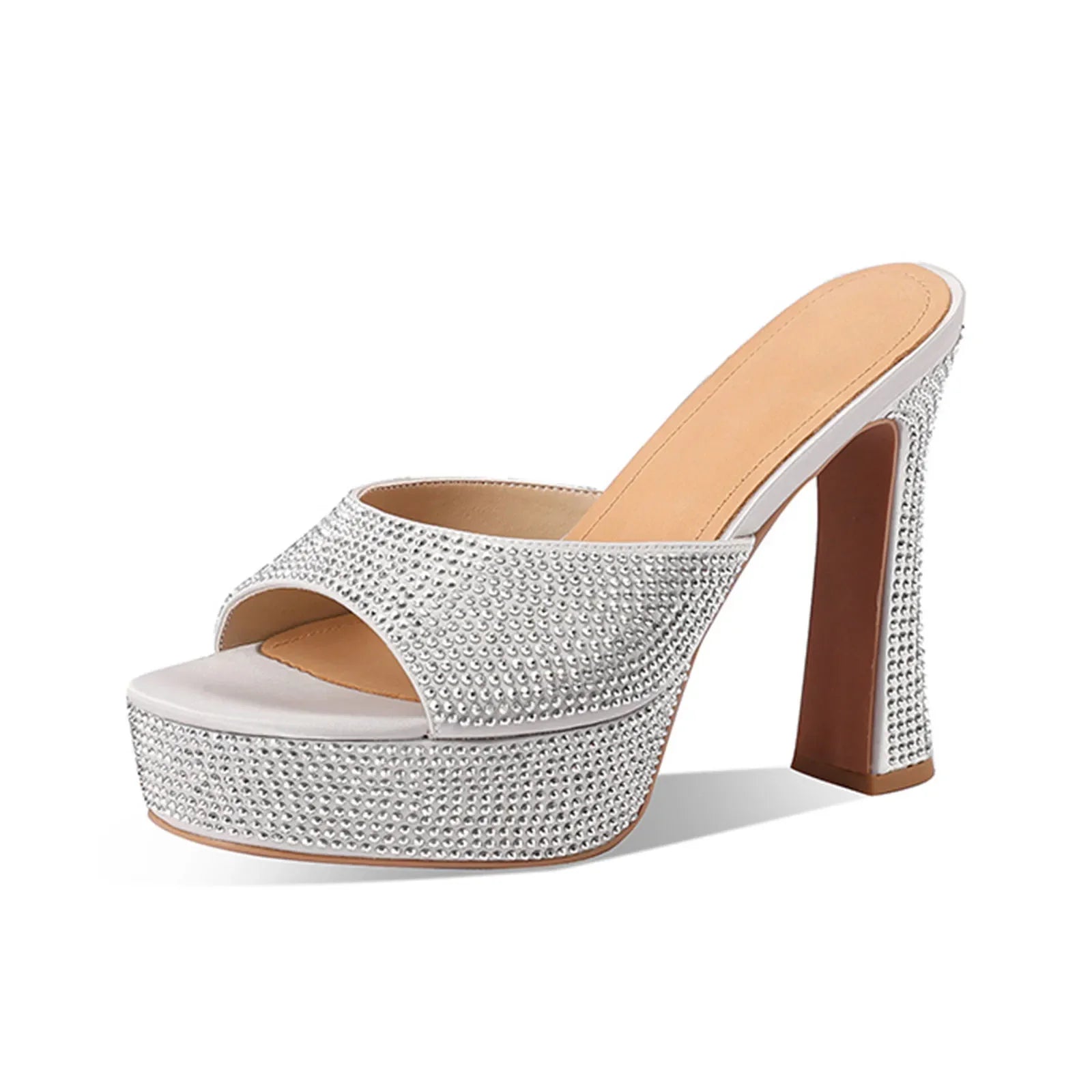 Arden Furtado Platform Silk Peep Toe Slippers Crystal Embellished Super High Heel round Toe Dinner Word Slippers Large Si