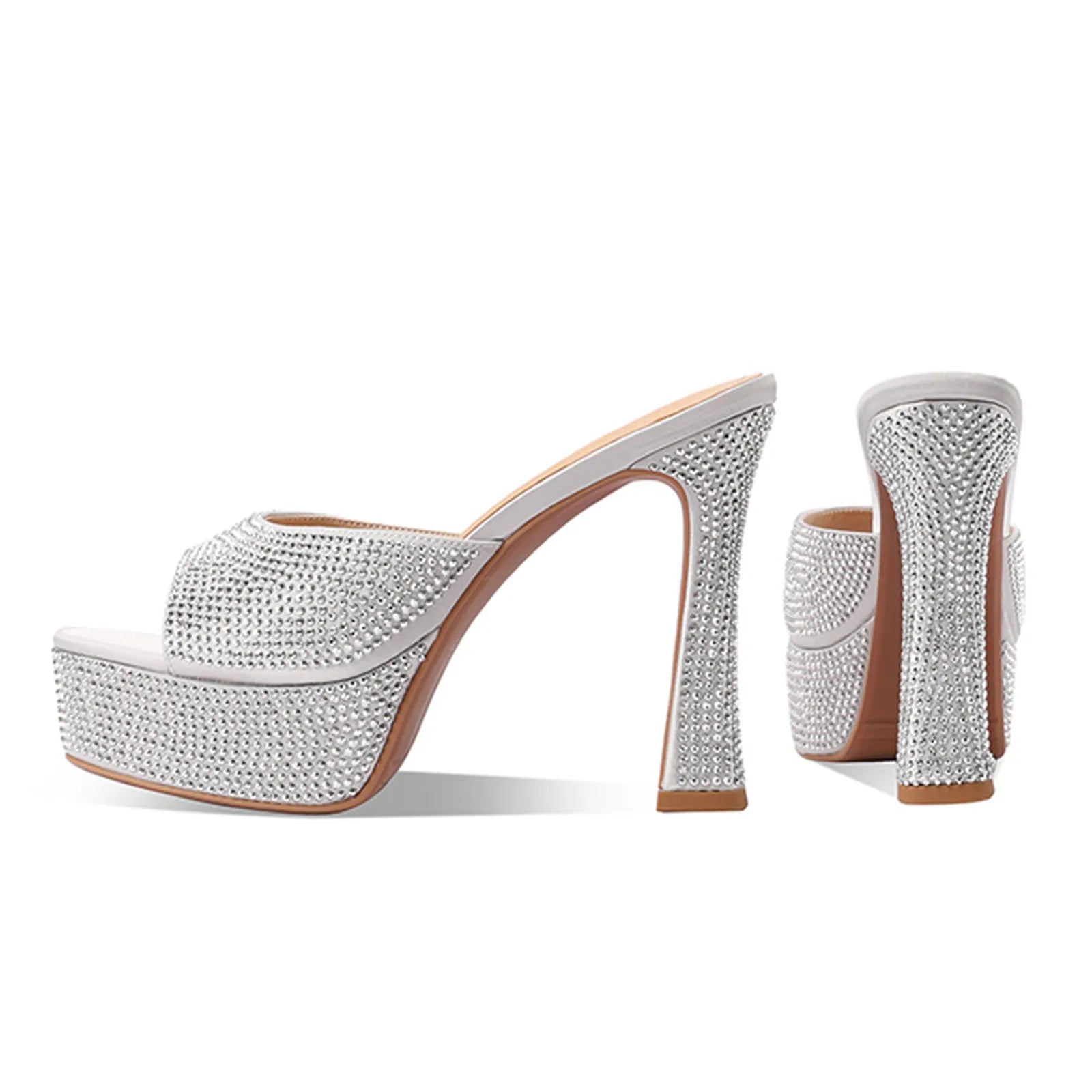 Arden Furtado Platform Silk Peep Toe Slippers Crystal Embellished Super High Heel round Toe Dinner Word Slippers Large Si