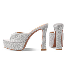 Arden Furtado Platform Silk Peep Toe Slippers Crystal Embellished Super High Heel round Toe Dinner Word Slippers Large Si