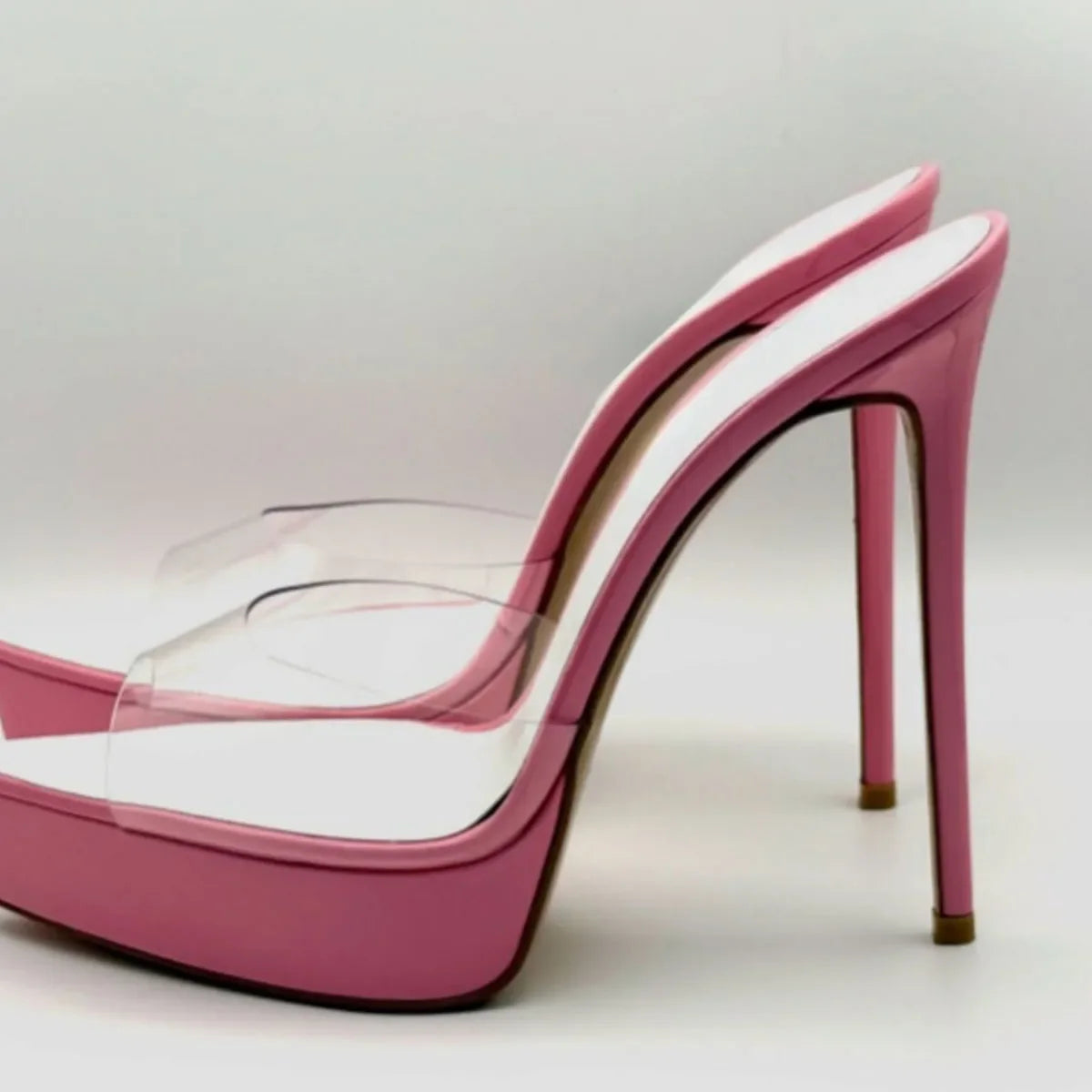 Arden Furtado Platform Stiletto Heel Transparent PVC Peep toe Slippers Pointed Super high heel large size Dinner Mules