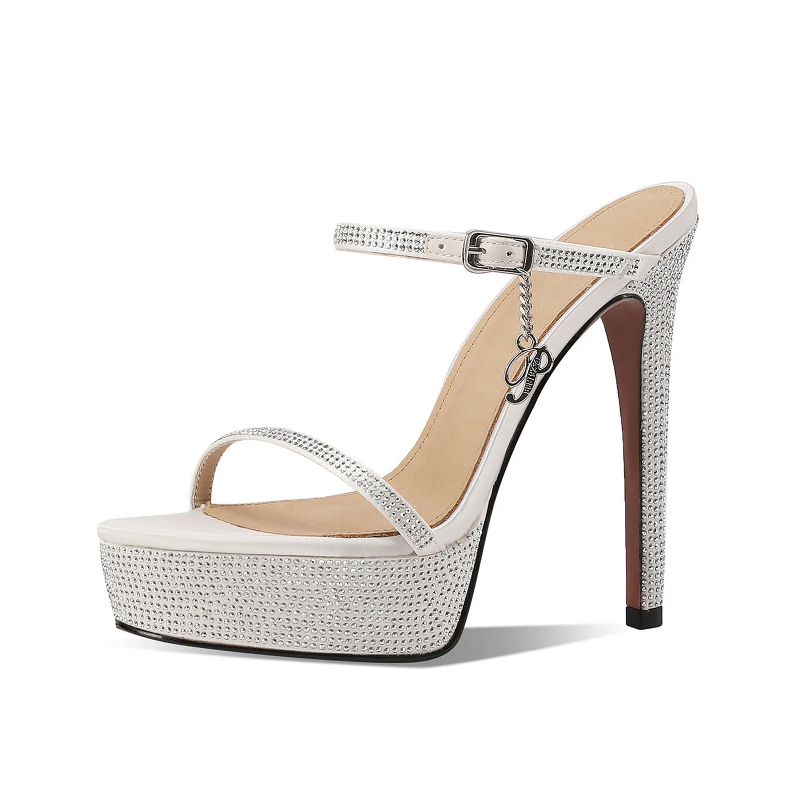 Arden Furtado Platform Stiletto heel Silk Slippers Round toe Super high heel Crystal Dinner Mules Word slippers