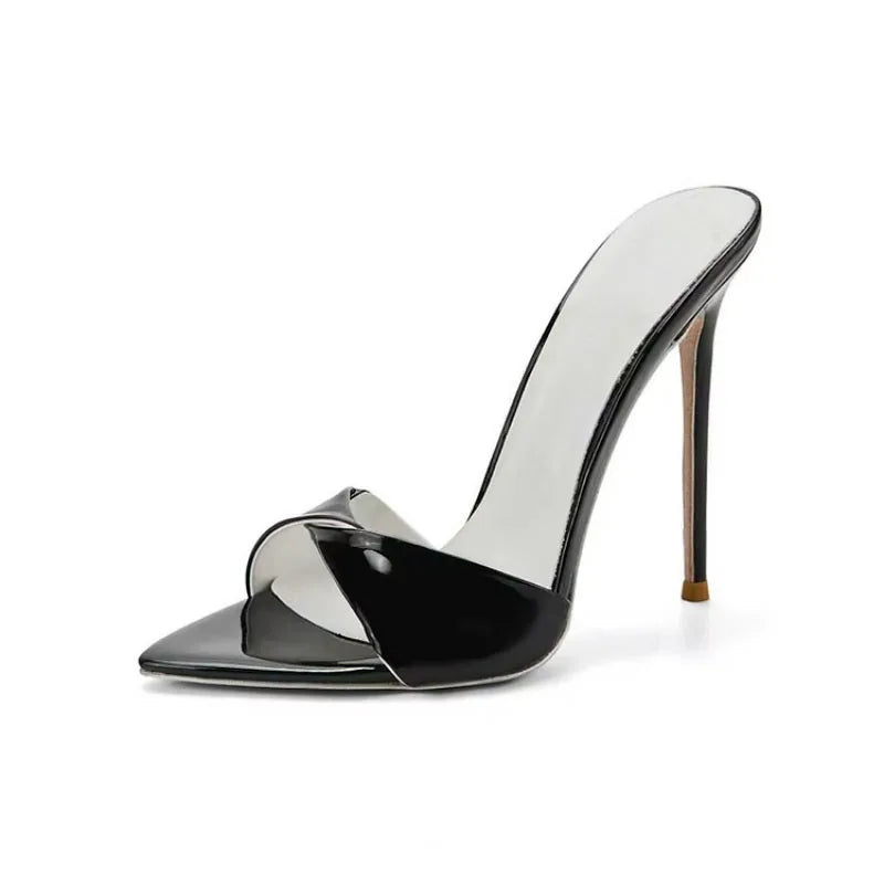 Arden Furtado Pointed Open toe Slip-on Thin heel Super high heel Sexy white Word slippers wear Mules Wedding shoe