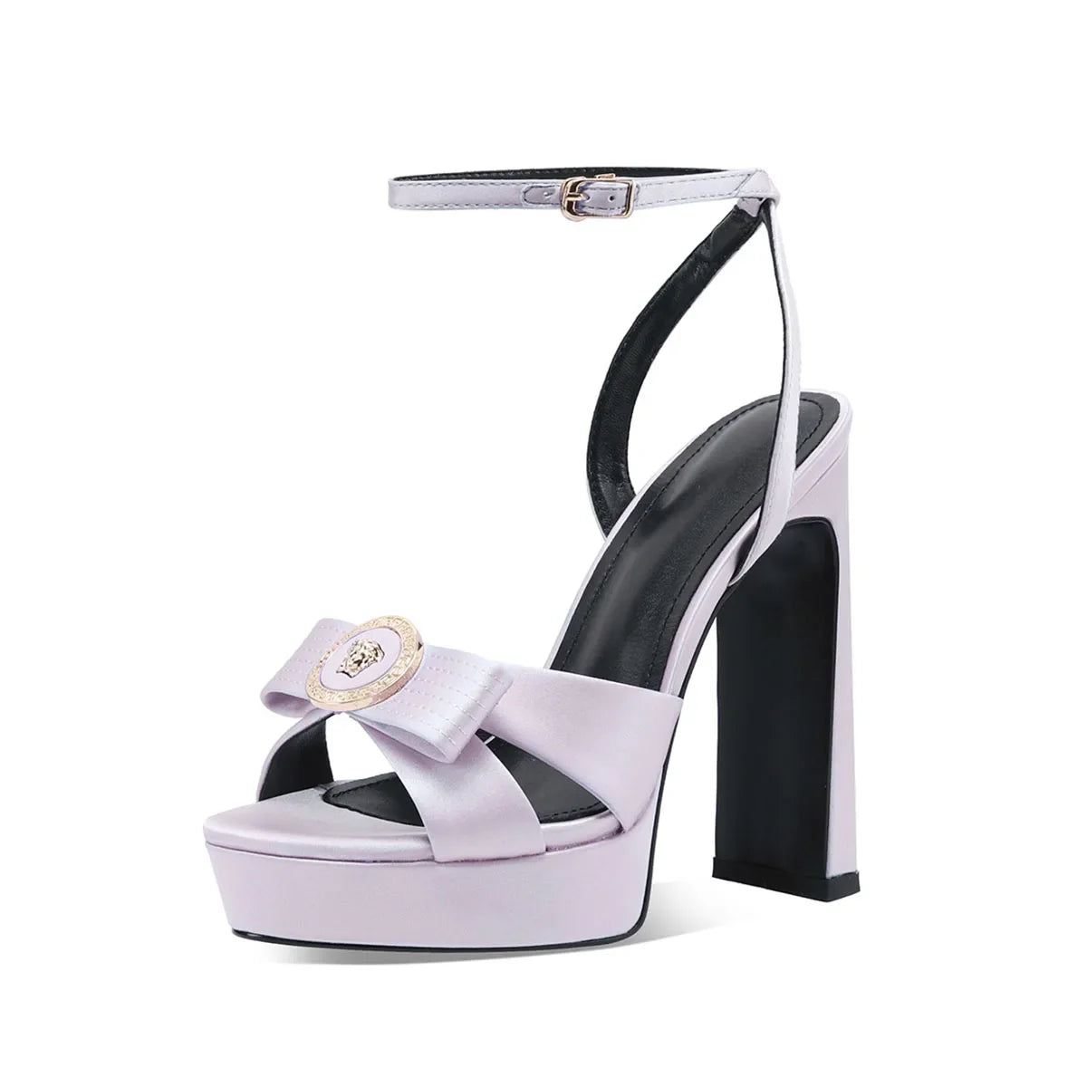 Arden Furtado Purple Satin Platform Sandals Round toe bowknot Super high heel One word buckle sandals Banquet shoes