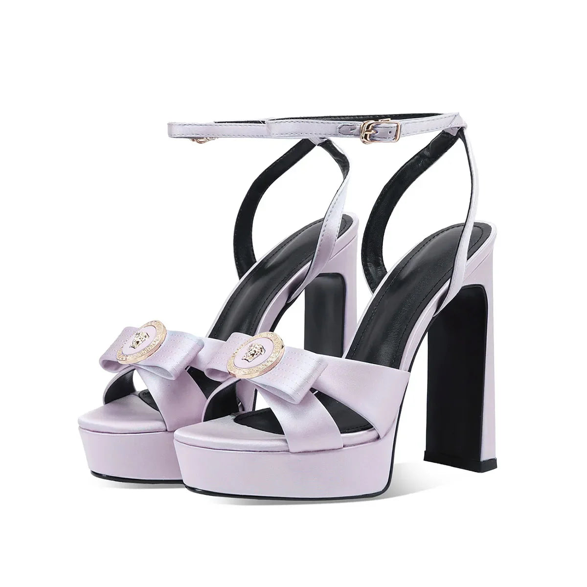 Arden Furtado Purple Satin Platform Sandals Round toe bowknot Super high heel One word buckle sandals Banquet shoes