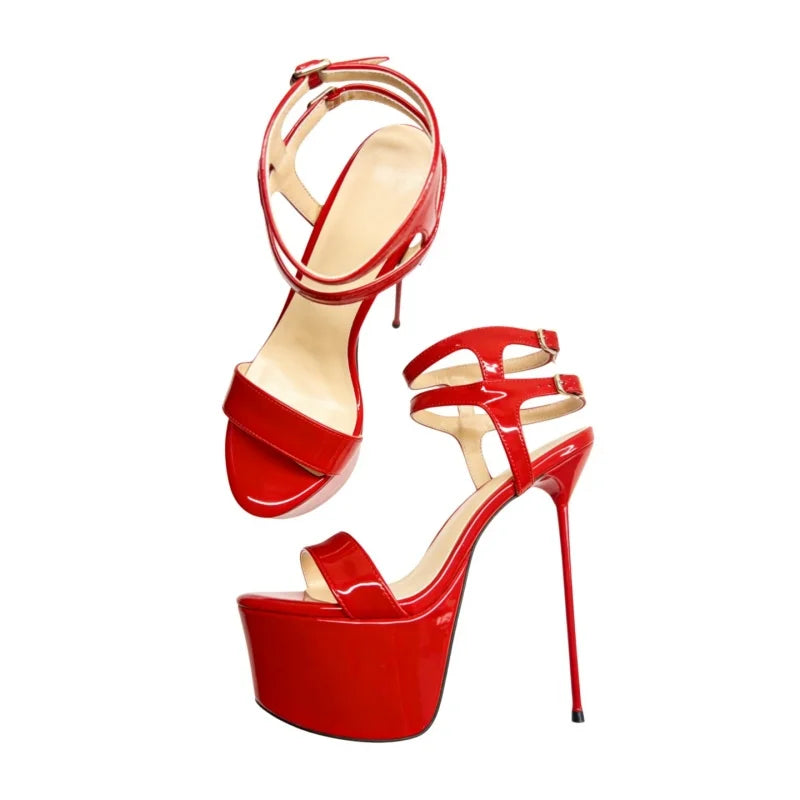 Arden Furtado Red Patent Leather Platform Banquet shoes round toe Super high heel Belt buckle Roman sandals Large size