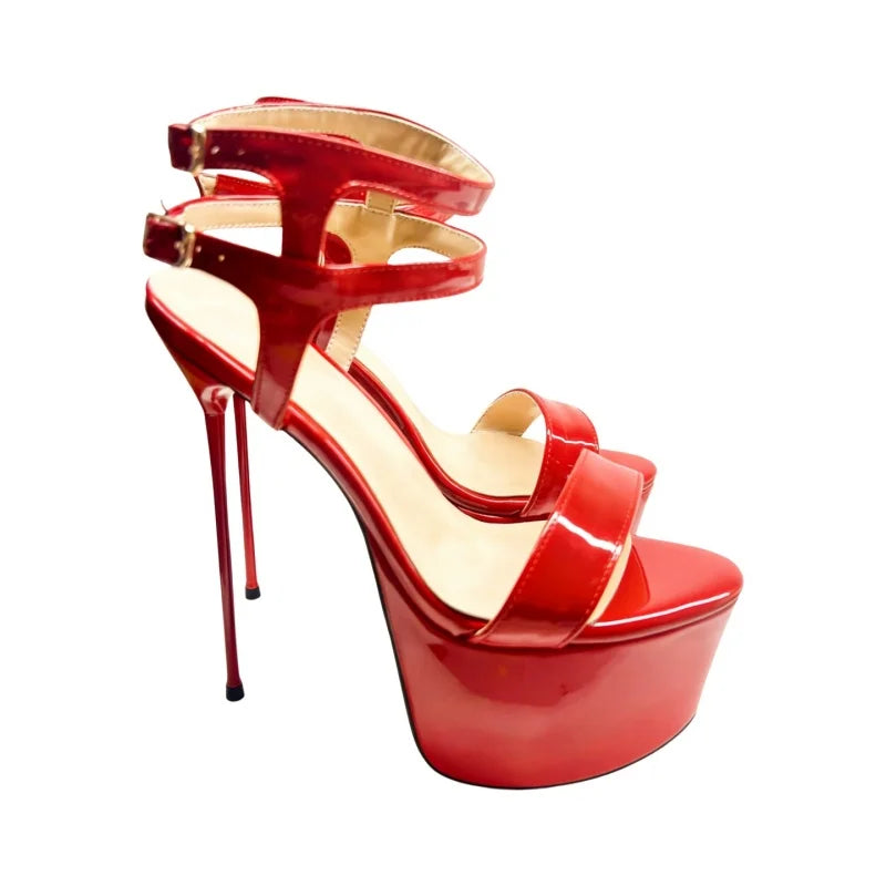 Arden Furtado Red Patent Leather Platform Banquet shoes round toe Super high heel Belt buckle Roman sandals Large size