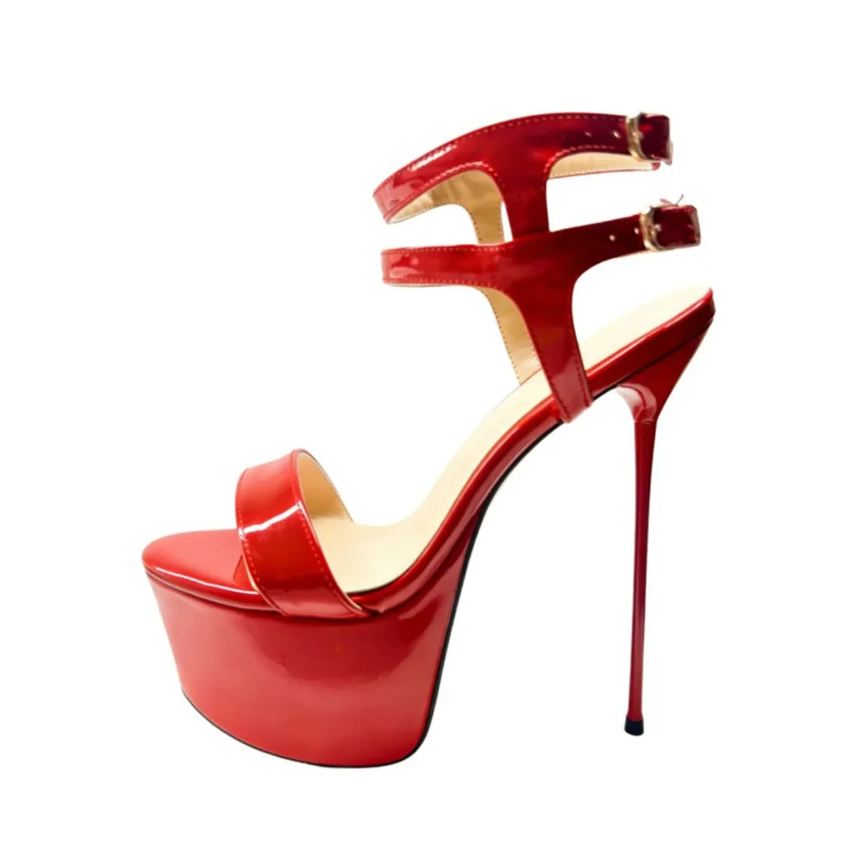 Arden Furtado Red Patent Leather Platform Banquet shoes round toe Super high heel Belt buckle Roman sandals Large size
