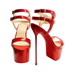 Arden Furtado Red Patent Leather Platform Banquet shoes round toe Super high heel Belt buckle Roman sandals Large size