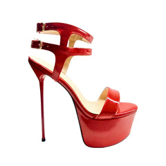 Arden Furtado Red Patent Leather Platform Banquet shoes round toe Super high heel Belt buckle Roman sandals Large size
