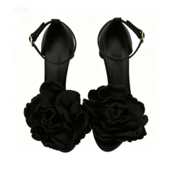Arden Furtado Red Satin Platform platform Banquet shoes Round toe Super high heel flower One word buckle Sandals