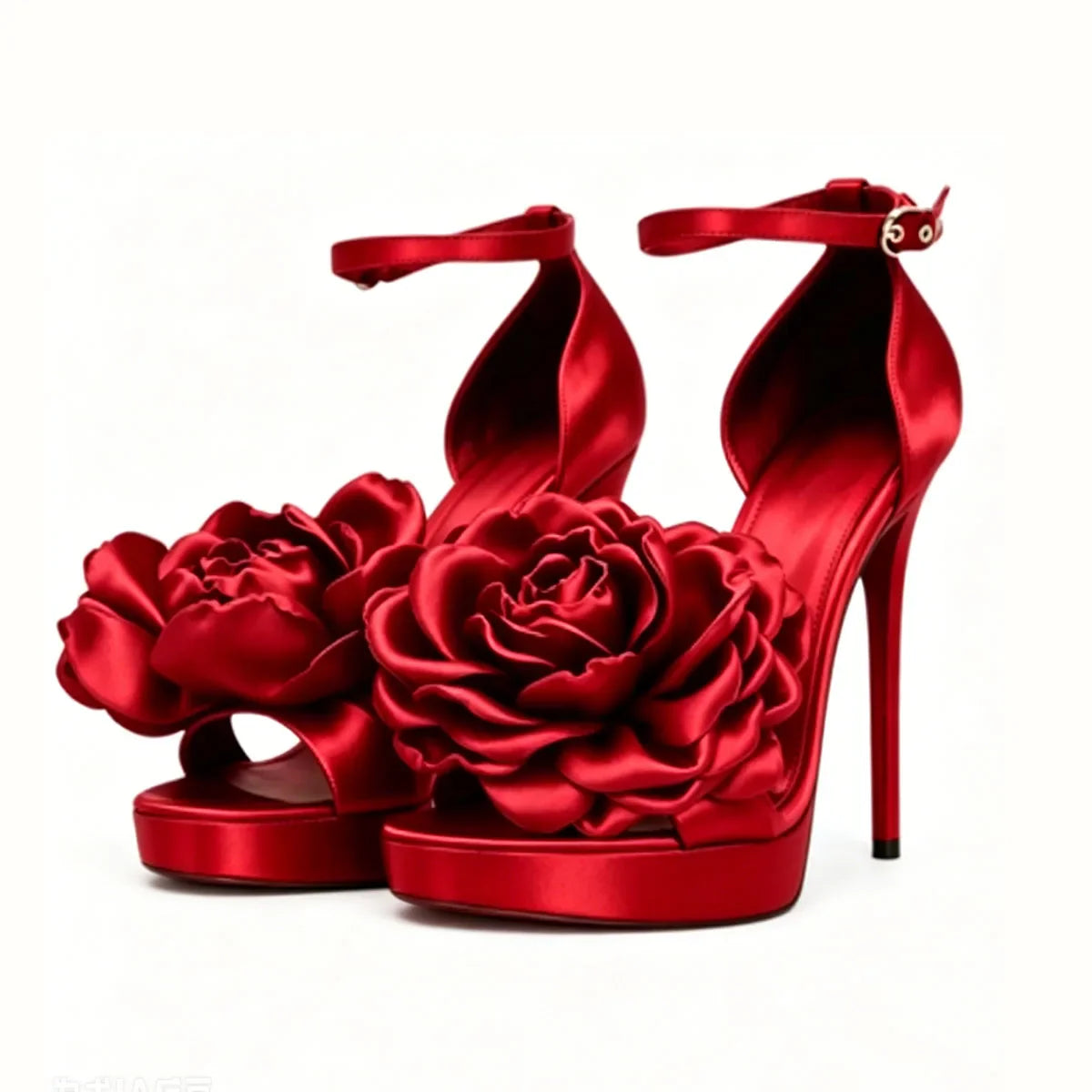 Arden Furtado Red Satin Platform platform Banquet shoes Round toe Super high heel flower One word buckle Sandals