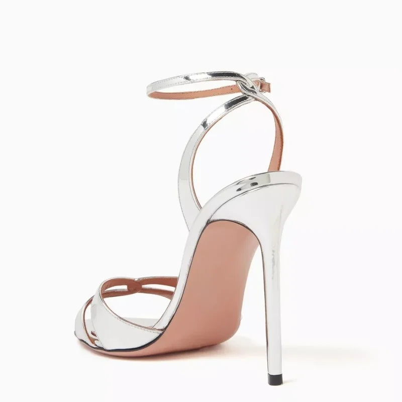 Arden Furtado Round toe Super high heel One word buckle Sandals Silver Patent Leather Open toe banquet shoes