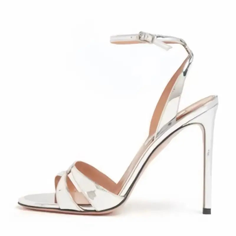 Arden Furtado Round toe Super high heel One word buckle Sandals Silver Patent Leather Open toe banquet shoes