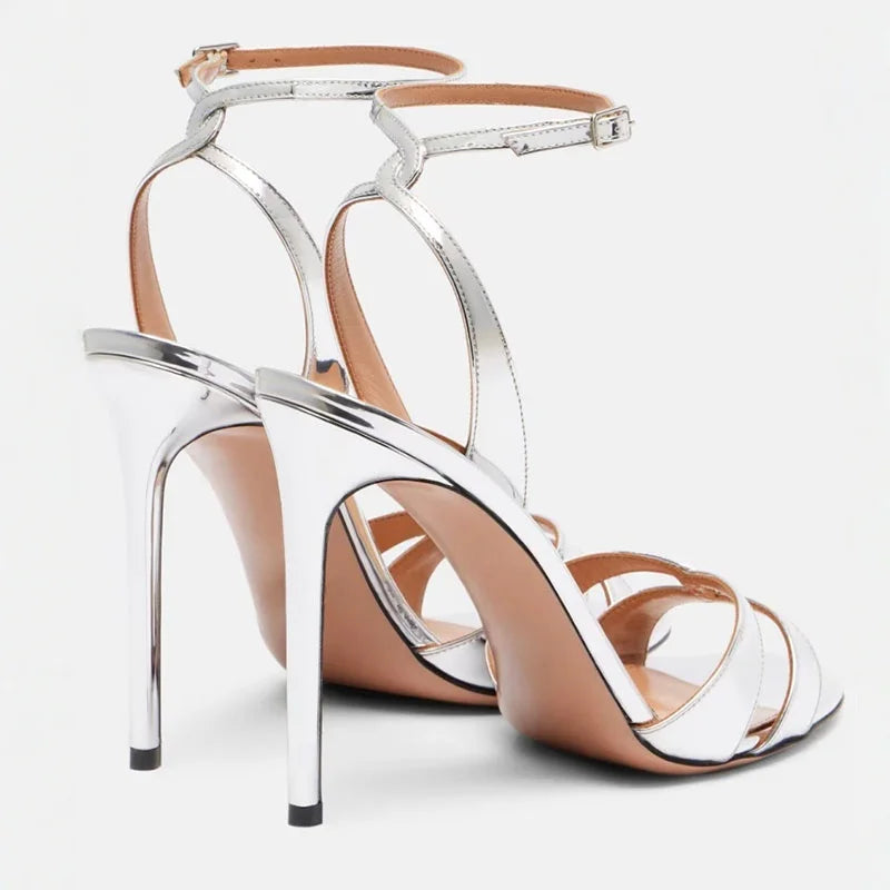 Arden Furtado Round toe Super high heel One word buckle Sandals Silver Patent Leather Open toe banquet shoes