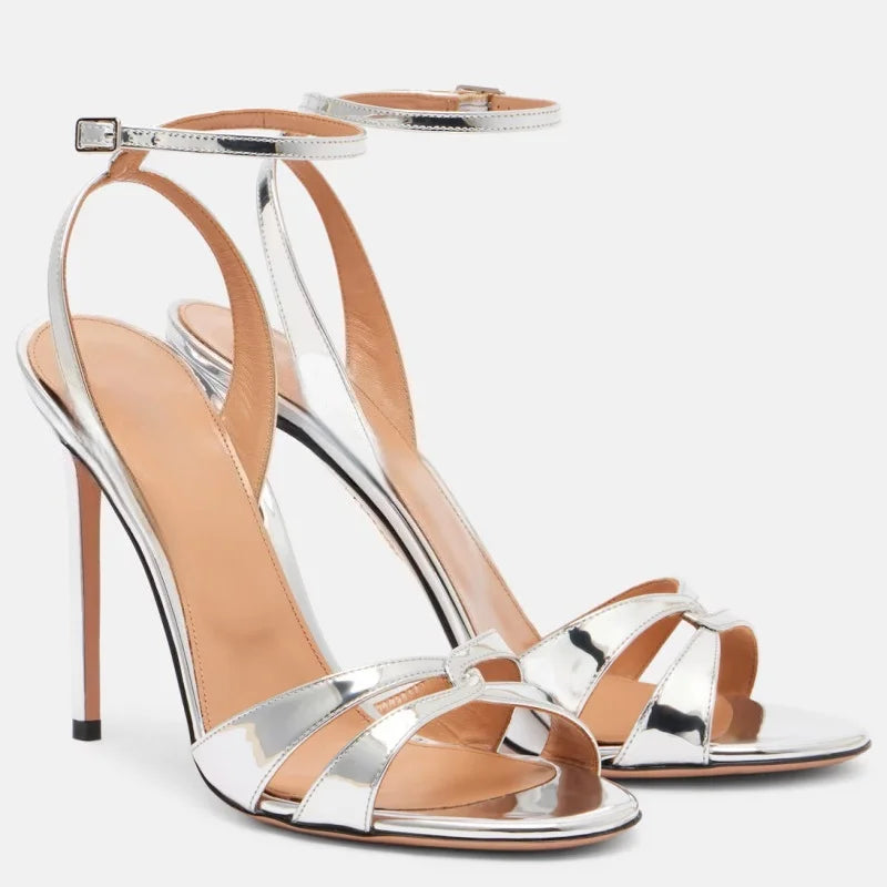 Arden Furtado Round toe Super high heel One word buckle Sandals Silver Patent Leather Open toe banquet shoes