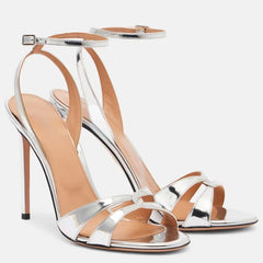 Arden Furtado Round toe Super high heel One word buckle Sandals Silver Patent Leather Open toe banquet shoes