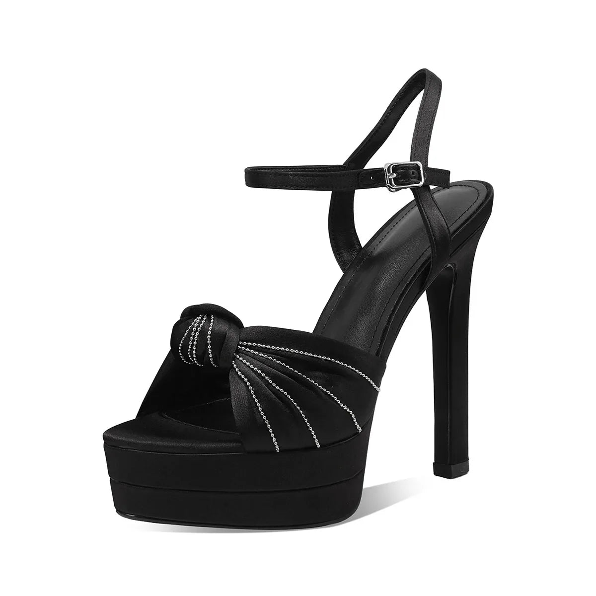 Arden Furtado Satin Platform bowknot Banquet shoes round toe Super high heel Sexy One word buckle Sandals large size