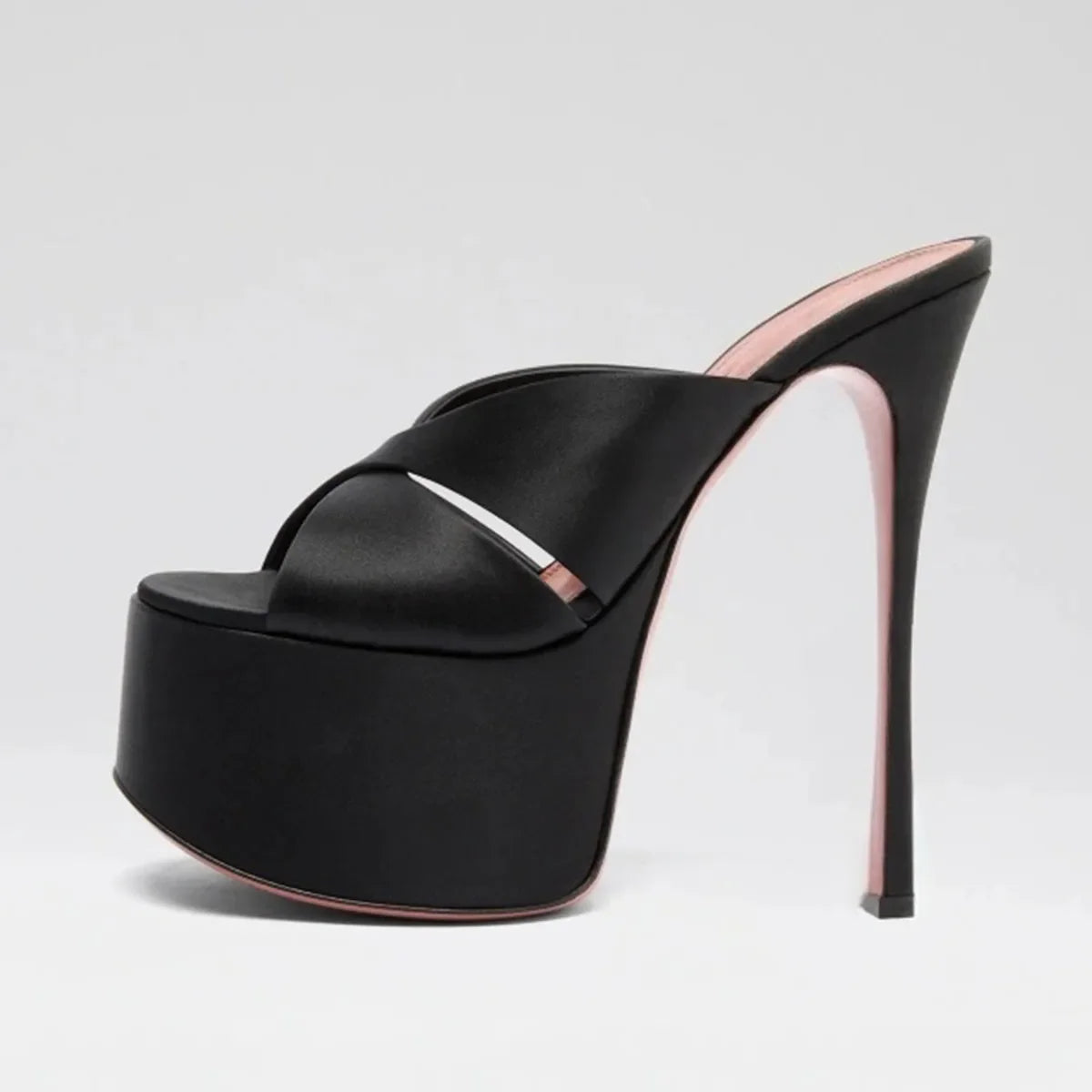 Arden Furtado Satin Platform thin heels Peep toe Mules Round toe Super high heel Word slippers Catwalk shoes