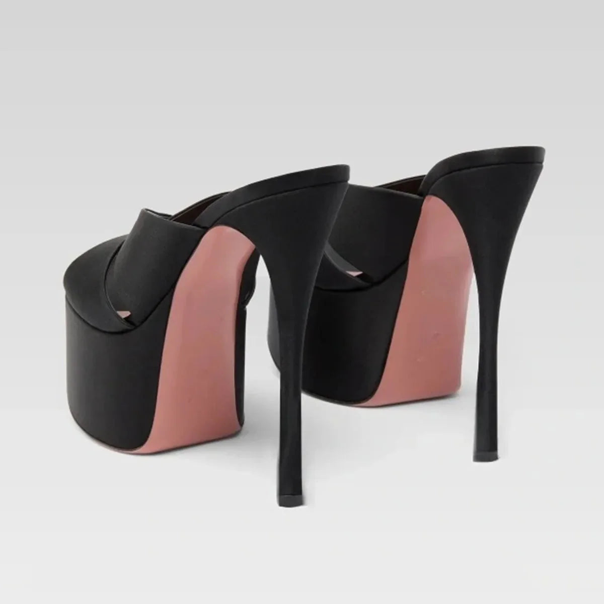 Arden Furtado Satin Platform thin heels Peep toe Mules Round toe Super high heel Word slippers Catwalk shoes