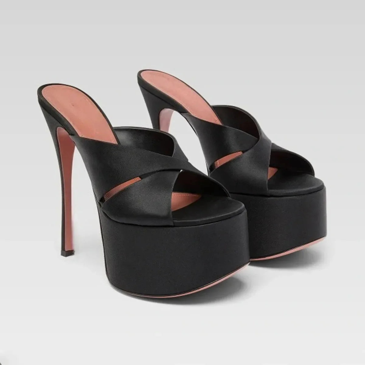Arden Furtado Satin Platform thin heels Peep toe Mules Round toe Super high heel Word slippers Catwalk shoes