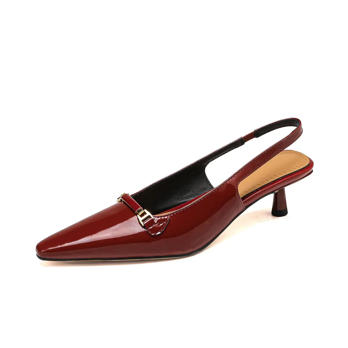 Arden Furtado Sheep patent leather Pointed-toe Stilettos heels sling back shoes Metal buckle Office lady Modern Sandals