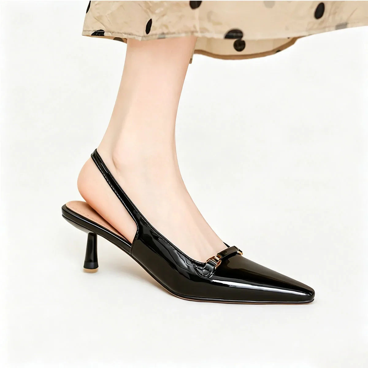 Arden Furtado Sheep patent leather Pointed-toe Stilettos heels sling back shoes Metal buckle Office lady Modern Sandals