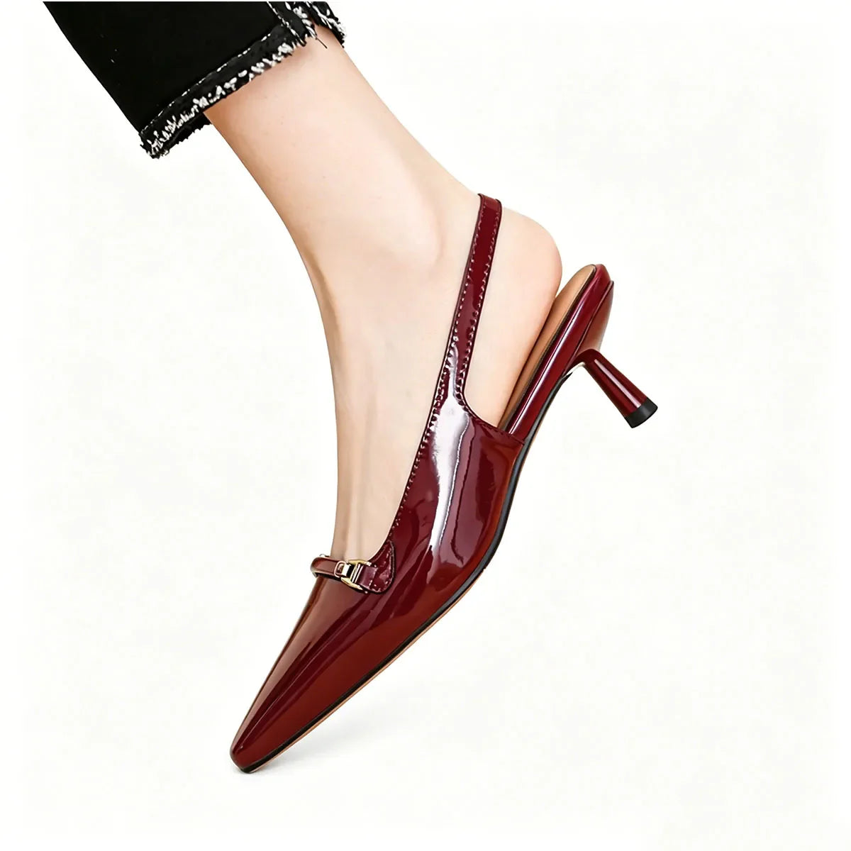 Arden Furtado Sheep patent leather Pointed-toe Stilettos heels sling back shoes Metal buckle Office lady Modern Sandals