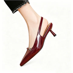 Arden Furtado Sheep patent leather Pointed-toe Stilettos heels sling back shoes Metal buckle Office lady Modern Sandals