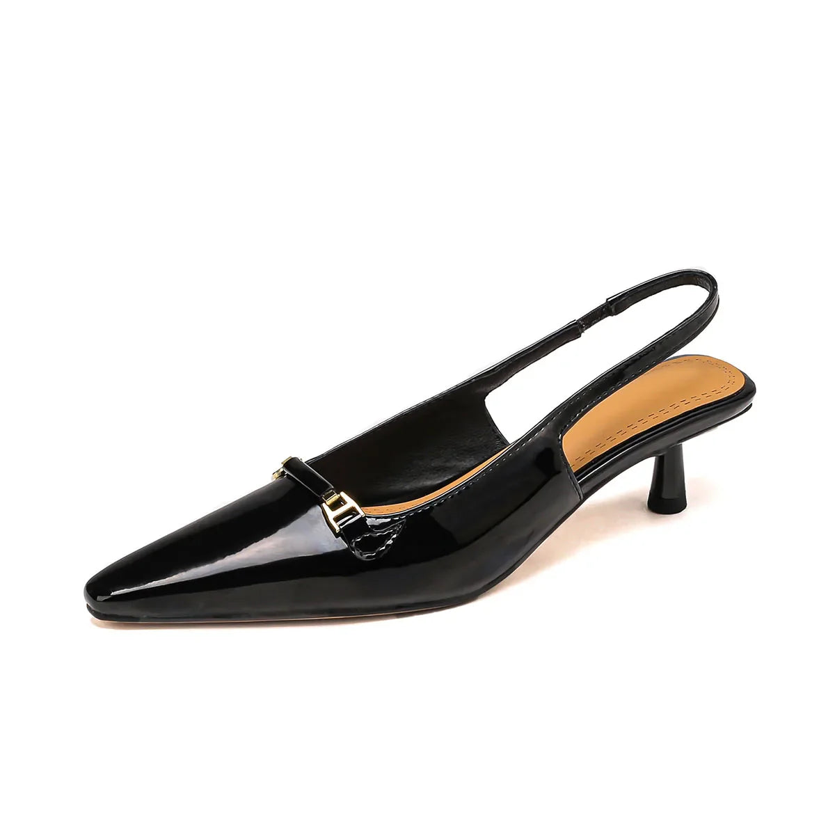 Arden Furtado Sheep patent leather Pointed-toe Stilettos heels sling back shoes Metal buckle Office lady Modern Sandals