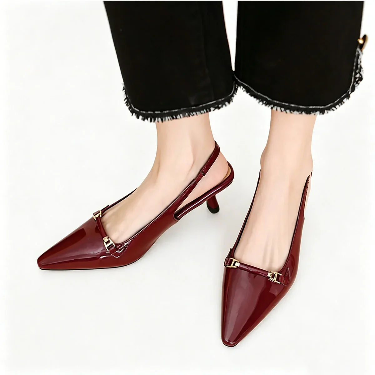 Arden Furtado Sheep patent leather Pointed-toe Stilettos heels sling back shoes Metal buckle Office lady Modern Sandals