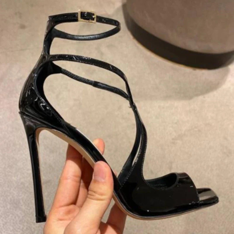 Arden Furtado Silk Peep Toe Square Toe Cross Strap Belt Buckle Word-Cingulate Dinner Open Toe Sandals Large Size