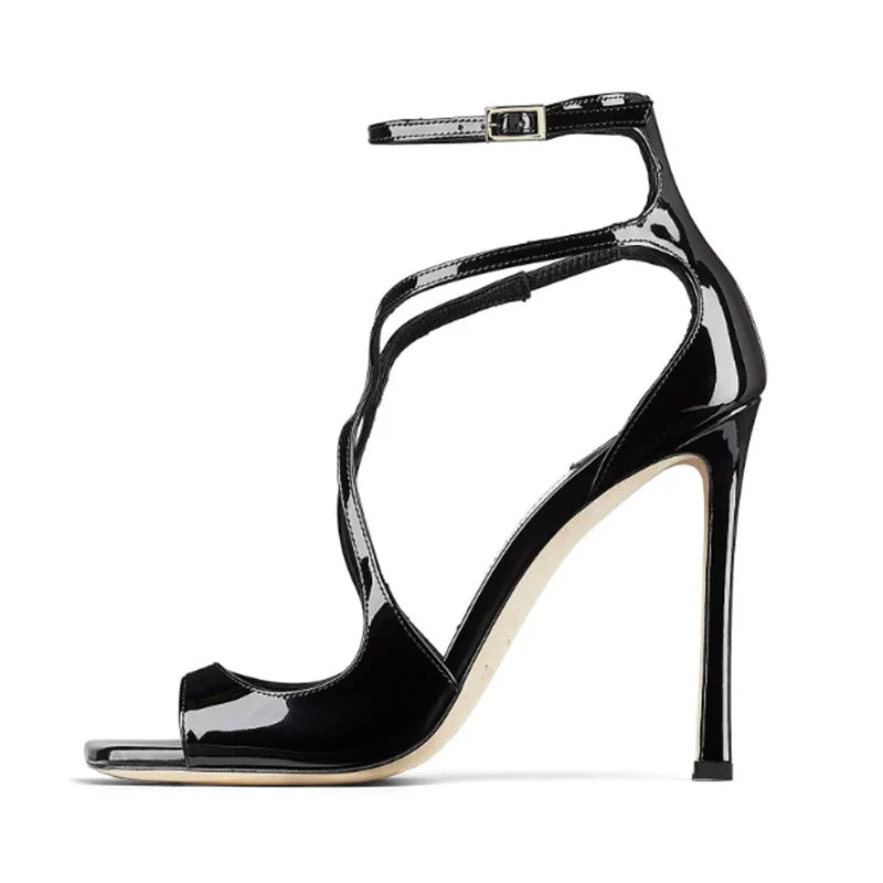 Arden Furtado Silk Peep Toe Square Toe Cross Strap Belt Buckle Word-Cingulate Dinner Open Toe Sandals Large Size