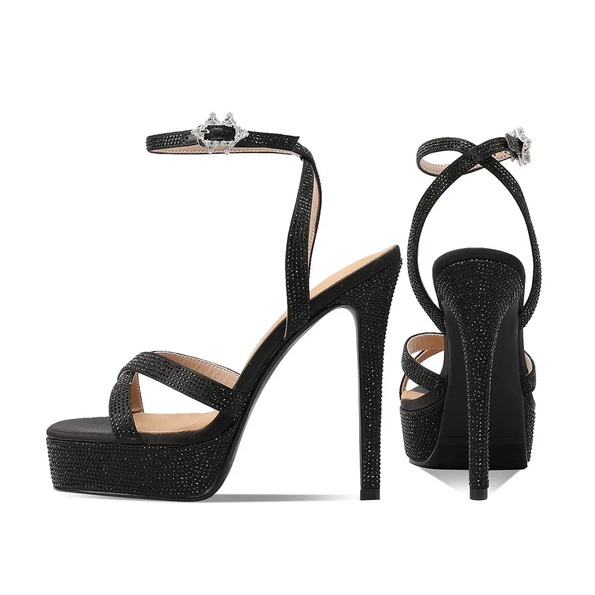 Arden Furtado Silk Platform Crystal Belt Buckle Banquet shoes round toe Super high heel Sexy word-cingulate Sandals