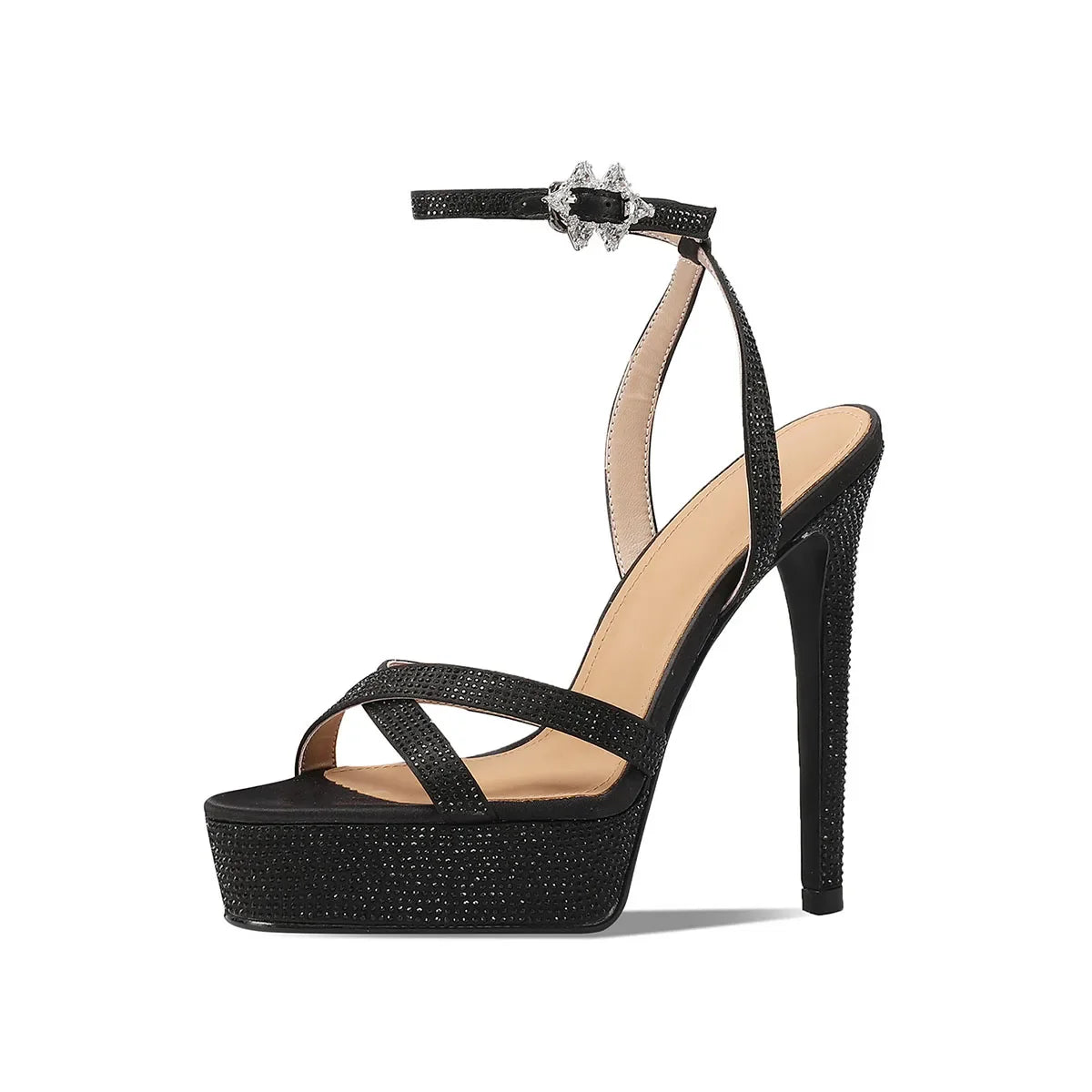 Arden Furtado Silk Platform Crystal Belt Buckle Banquet shoes round toe Super high heel Sexy word-cingulate Sandals