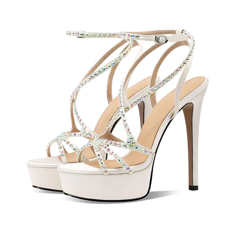 Arden Furtado Silk Round Toe Open Toe Platform Super High Heel Sexy Crystal Word-Cingulate Ankle Strap Sandals
