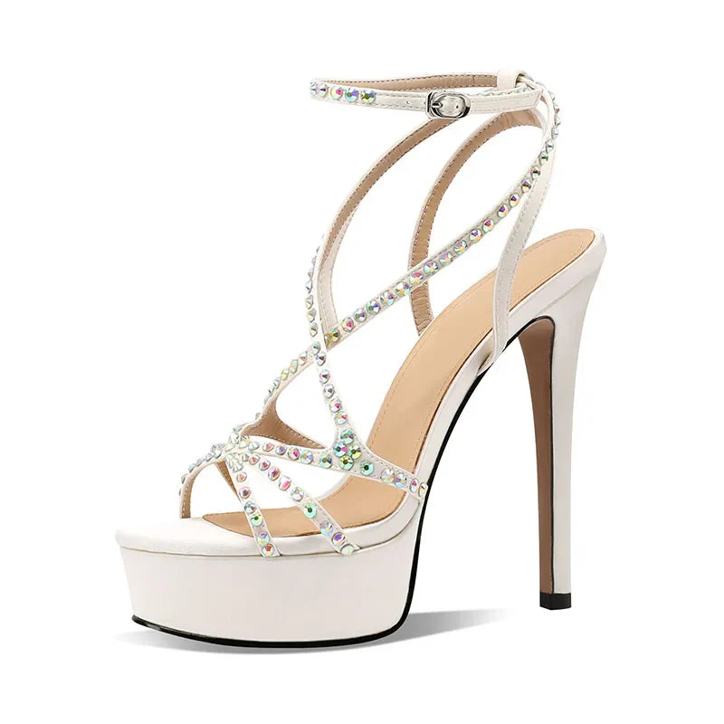 Arden Furtado Silk Round Toe Open Toe Platform Super High Heel Sexy Crystal Word-Cingulate Ankle Strap Sandals